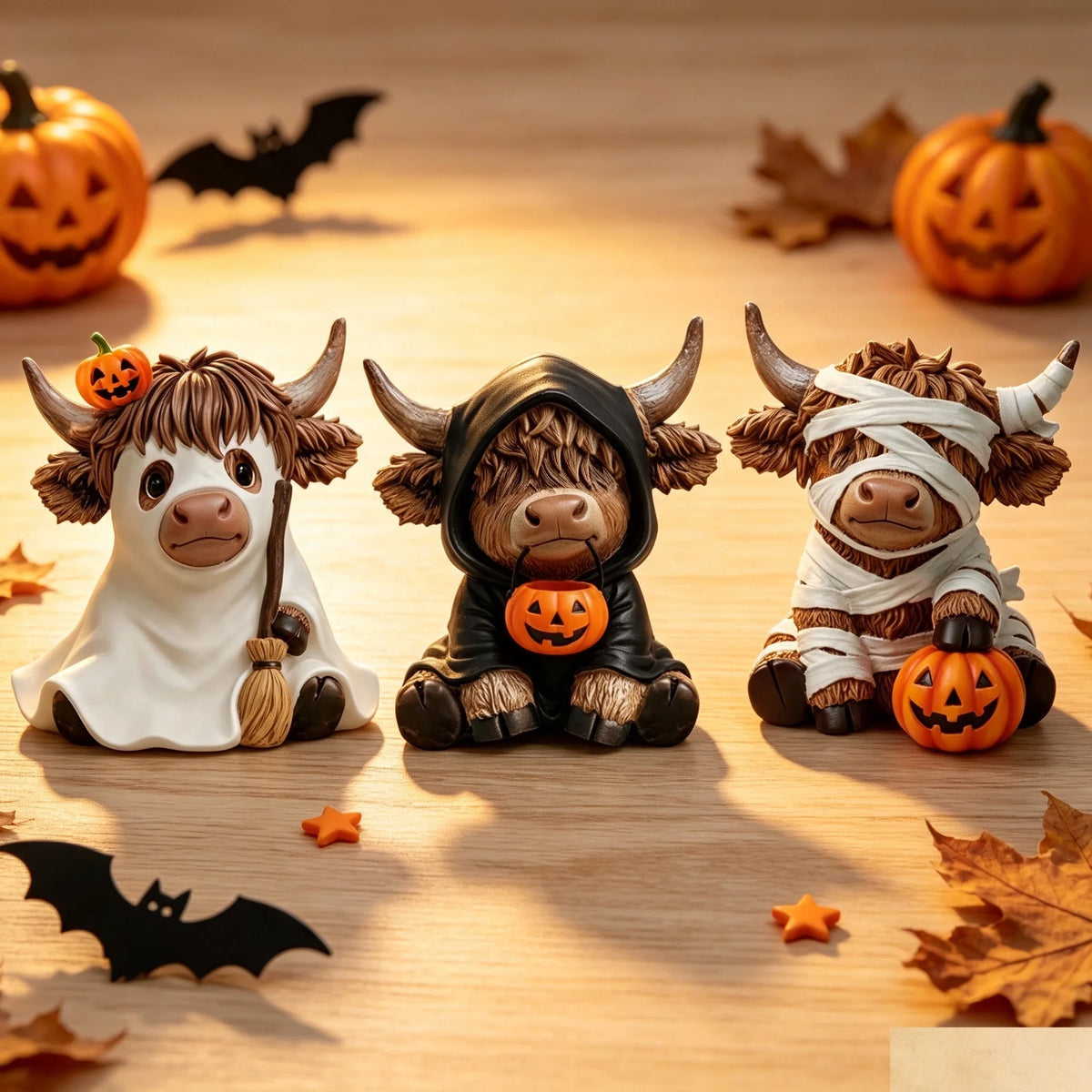 3 Halloween Highland Cow Statues, Cute Ghost Decorations, Hooded and Mummy Cow Statues with Pumpkin Decorations, for Layered Trays, Shelves, Tabletops, and Fireplace Decorations