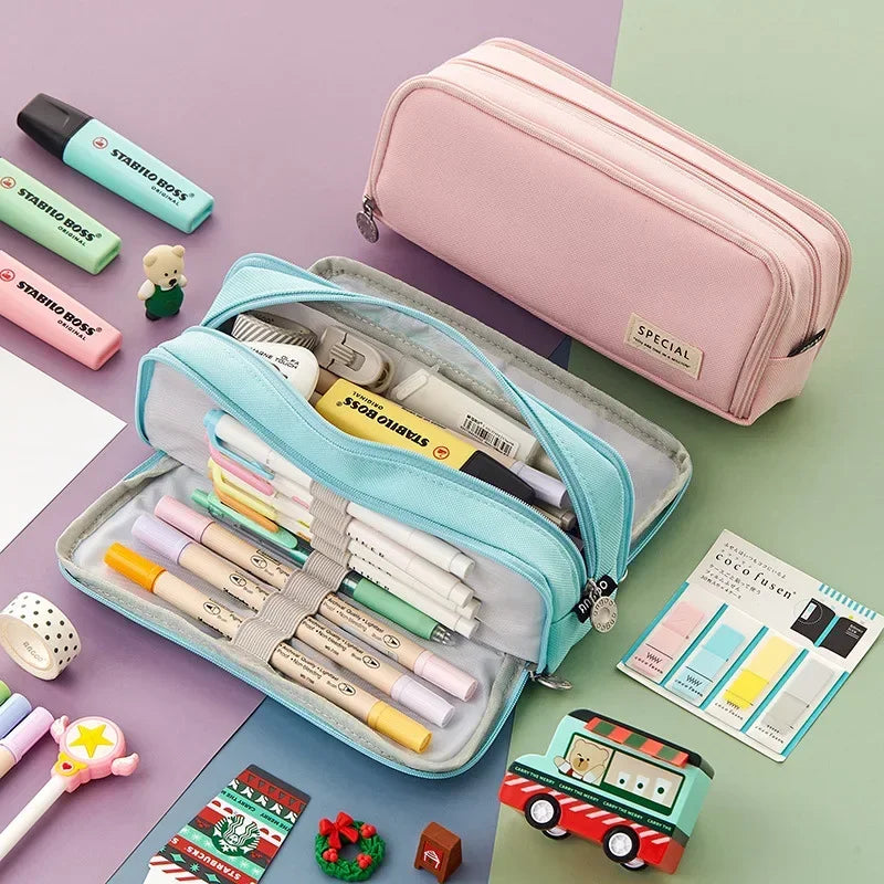 Large Storage Pencil Case-3-Compartment Bag, Double-Side Open, Student Stationery, Desk Organizer for School Use