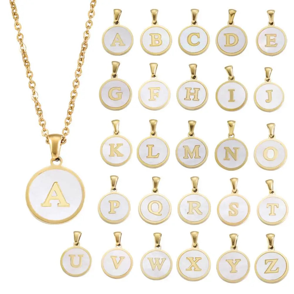 Vintage Initial 26 Letters A To Z White Shell Pendant Necklace Gold Color Steel For Women Men Choker Jewelry Necklace