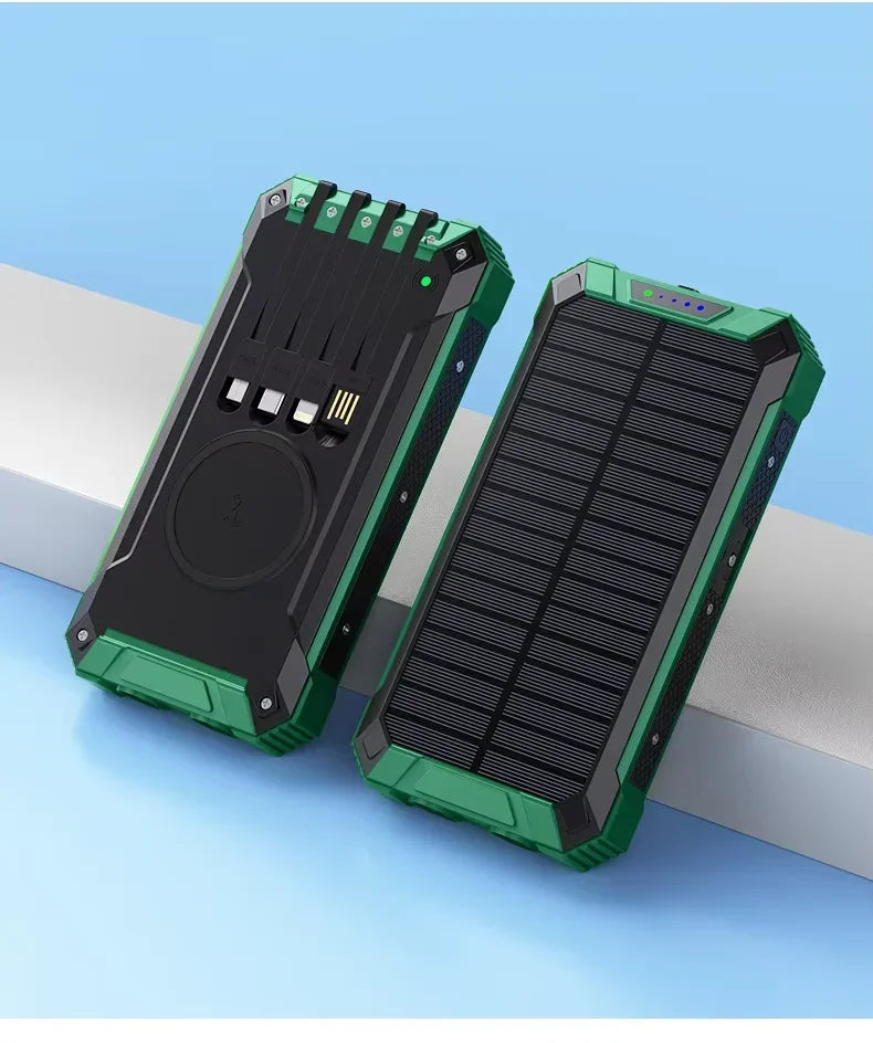 New Solar Power Bank 20000mAh Mobile Power Fast Charging Battery multifunctional With 4 Cables Wireless Charger LED Flashlight