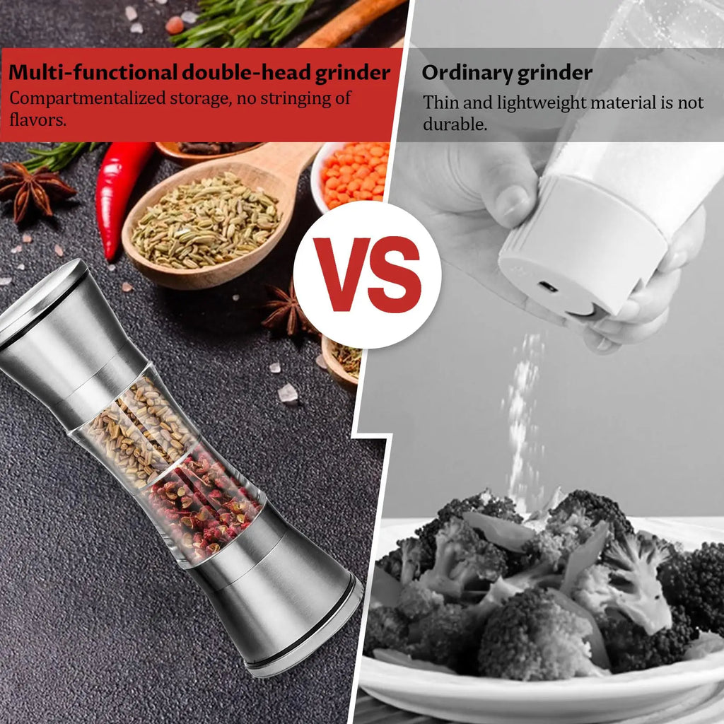 2-in-1 Adjustable Pepper Salt Grinder - Rustproof Stainless Steel Manual Mill with Double Heads & Coarseness Control
