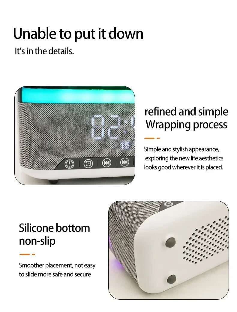 New Smart 6-in-1 Bluetooth Speaker 60W Wireless Charger Bedhead Night Light Alarm Clock LED Clock with FM Radio Music Cente