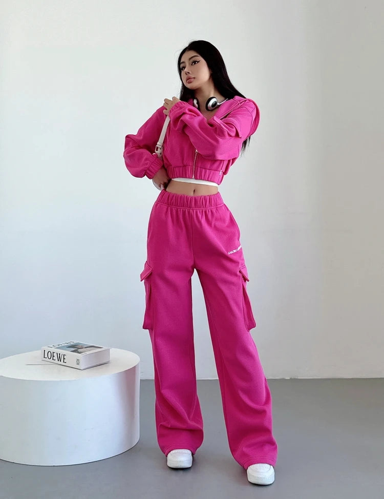 WOMENGAGA Short Zipper Sweatshirt Large Pocket Wide Leg Pants Two Piece Casual Plush Set For Winter Women Fashion Sweet 2PTB