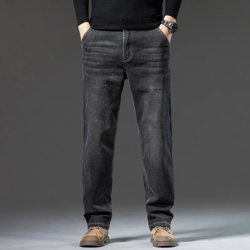 Men's Winter Fleece Thicken Lightweight Business Straight Leg Jeans