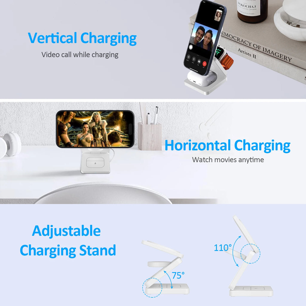 3 in 1 Wireless Charger Qi2 15W For iPhone 16 15 14 13 12 Fast Charging Station For Apple Watch 9 8 7 6 5 for Airpods pro stand