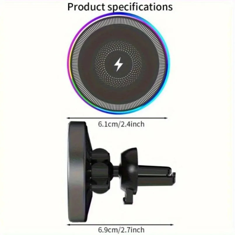 Car Magnetic Wireless Charger Air Vent Bracket Clip Phone Holder Stand RGB Light For iPhone 16 15 14 13 12 Pro Max Fast Charging