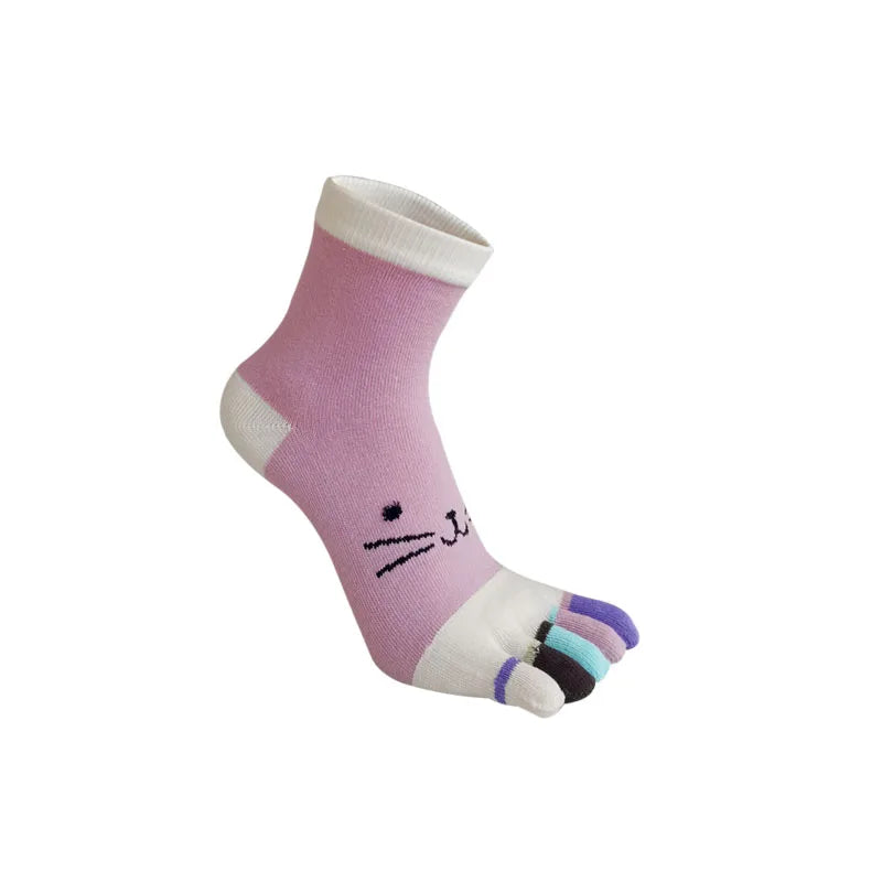 Cute Short Toe Socks Women Girl Cotton Striped Cat Love Fashion Sweat-Absorbing Anti-Bacterial Breathable Warm Five Finger Socks