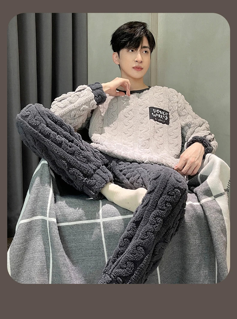Men's Winter Jacquard Weave Flannel Pajamas Set Coral Fleece Cartoon Sleepwear Homewear Thick Warm Male Suit Fall Sweatshirt 5XL