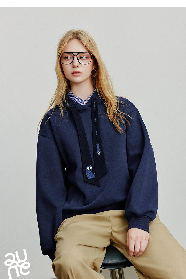 TOYOUTH Women Hoodies Sweatshirt 2025 Autumn New College Style Cat Embroidery Tie Cotton Hooded Pullover Tops