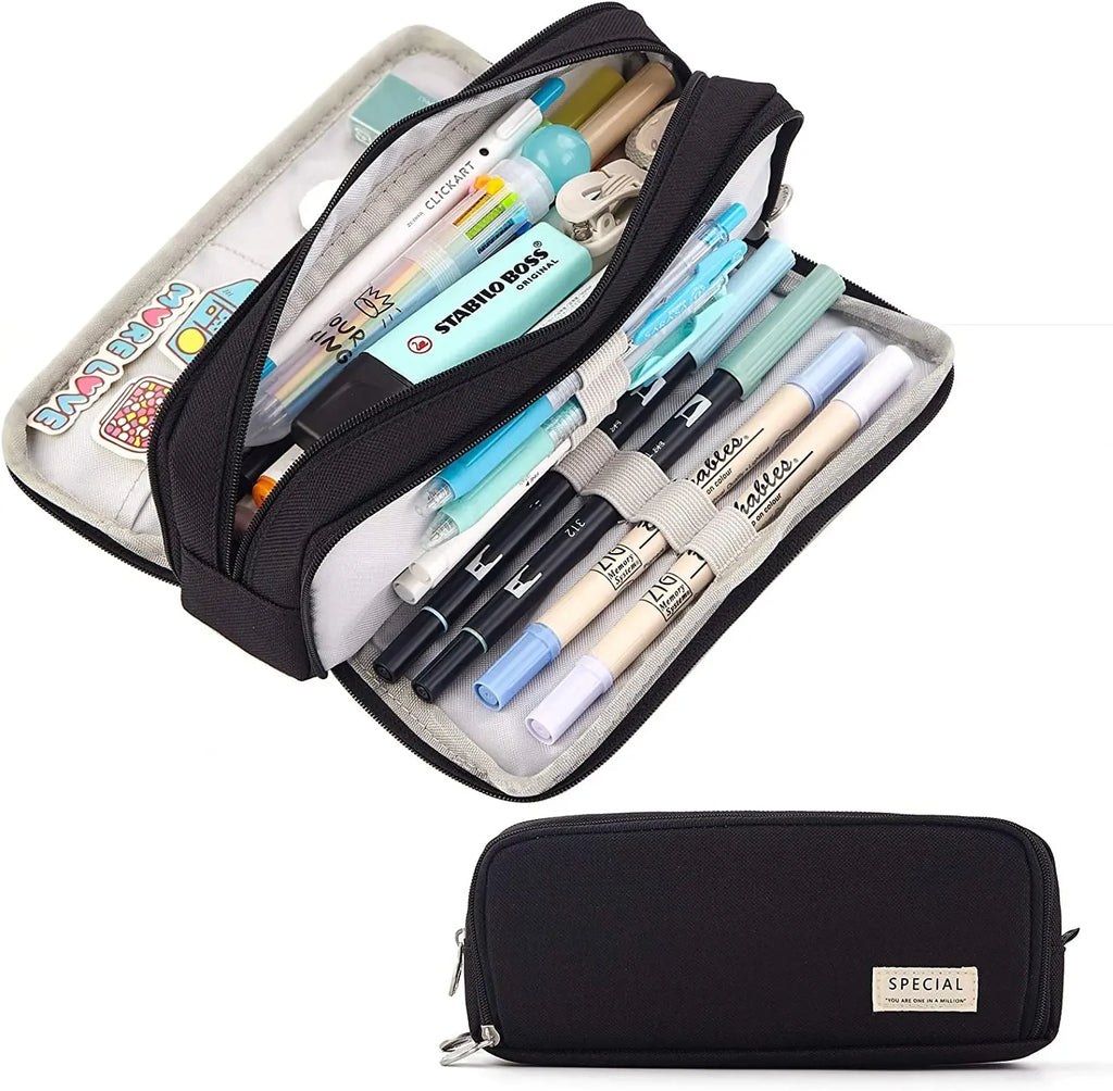 Large Storage Pencil Case-3-Compartment Bag, Double-Side Open, Student Stationery, Desk Organizer for School Use