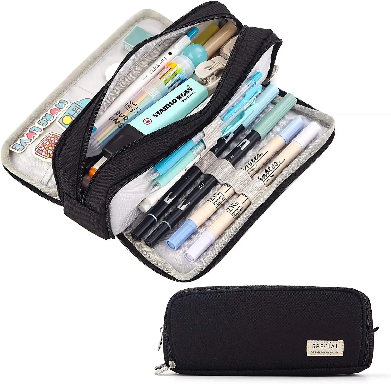 Large Storage Pencil Case-3-Compartment Bag, Double-Side Open, Student Stationery, Desk Organizer for School Use