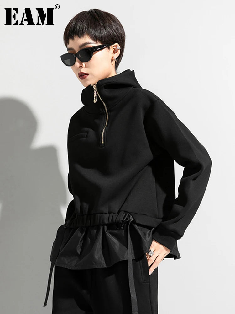 [EAM] Loose Fit Ruffles Spliced Sweatshirt New Hoooded Long Sleeve Women Big Size Fashion Tide Spring Autumn 2026 1DD2569