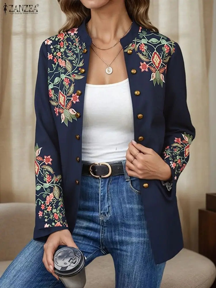 ZANZEA Women Long Sleeve Cardigans 2025 Vintage Floral Print Autumn Coat Fashion Stand Collar Single Breasted Streetwear Jackets