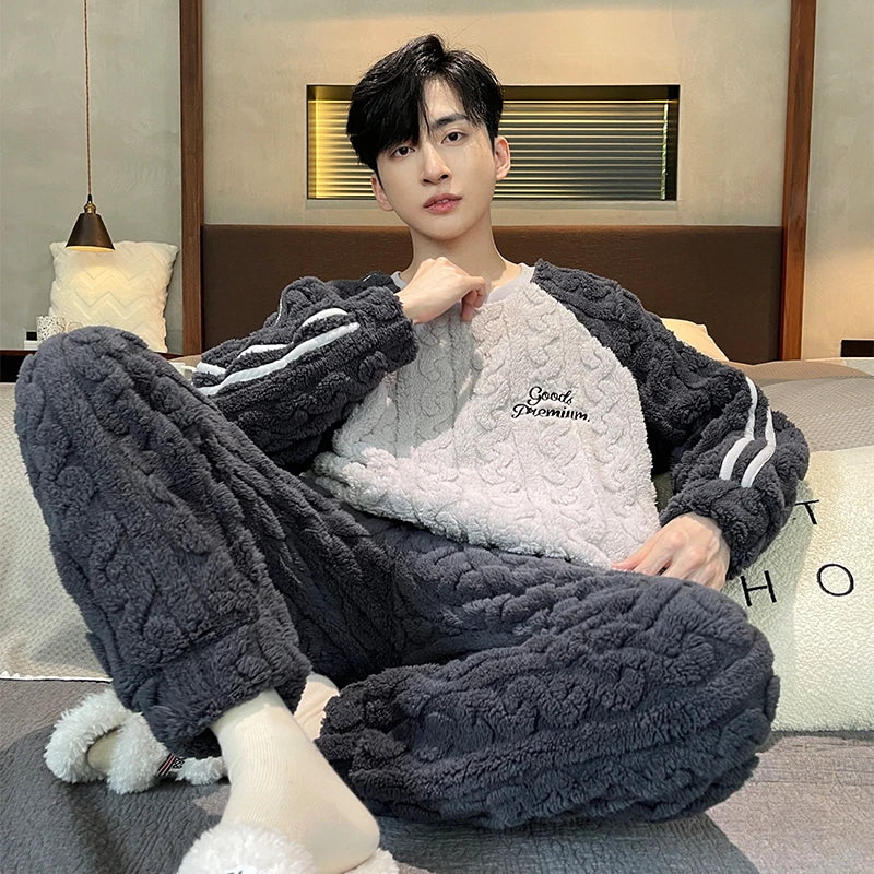 Men's Winter Jacquard Weave Flannel Pajamas Set Coral Fleece Cartoon Sleepwear Homewear Thick Warm Male Suit Fall Sweatshirt 5XL