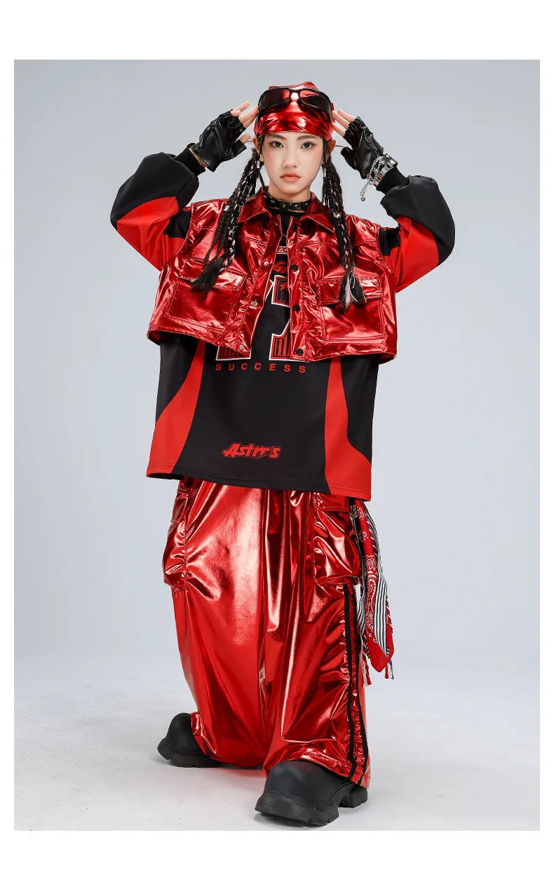 Boys Hip Hop Sweatshirt Shiny Vest Street Dance Cargo Pants Girls K-pop Clothes Set Kids Jazz Red Costumes Children Streetwear