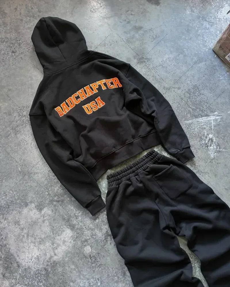 Hoodie Men American Hip Hop Casual Sweatshirt Harajuku Retro Fashion Street Clothing Pants Classic Letter Print Zipper Set