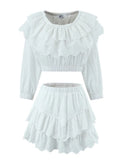 2 Pieces 1 Set Sexy Women Ruffles Elastic Shoulder Embroidery Hole Cotton Crop Top Shirt Elastic Waist Wood ears Mini Skirts