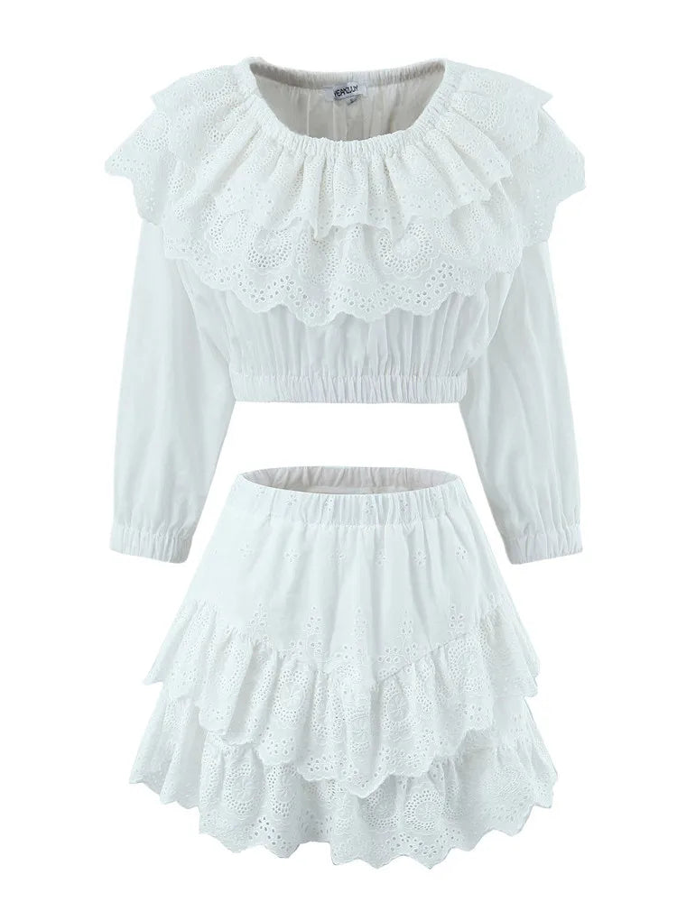 2 Pieces 1 Set Sexy Women Ruffles Elastic Shoulder Embroidery Hole Cotton Crop Top Shirt Elastic Waist Wood ears Mini Skirts