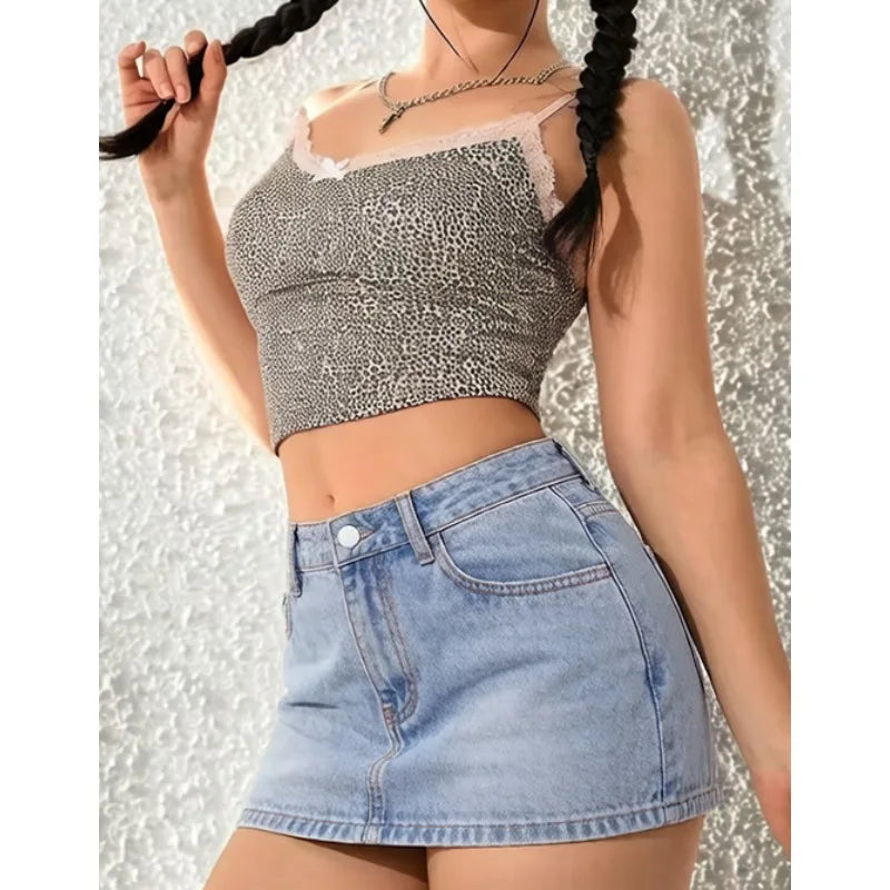 Women's Y2K Light Blue Denim Mini Skirt High Waist A-Line Skirt