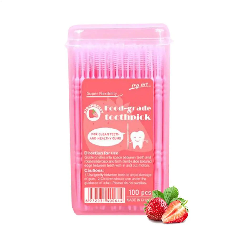 100pcs Flavored Toothpicks 2-Tip Teeth Cleaning with Soft Bristles for Stain Remover Mouth Care Hotel Restaurant Camping Supplie
