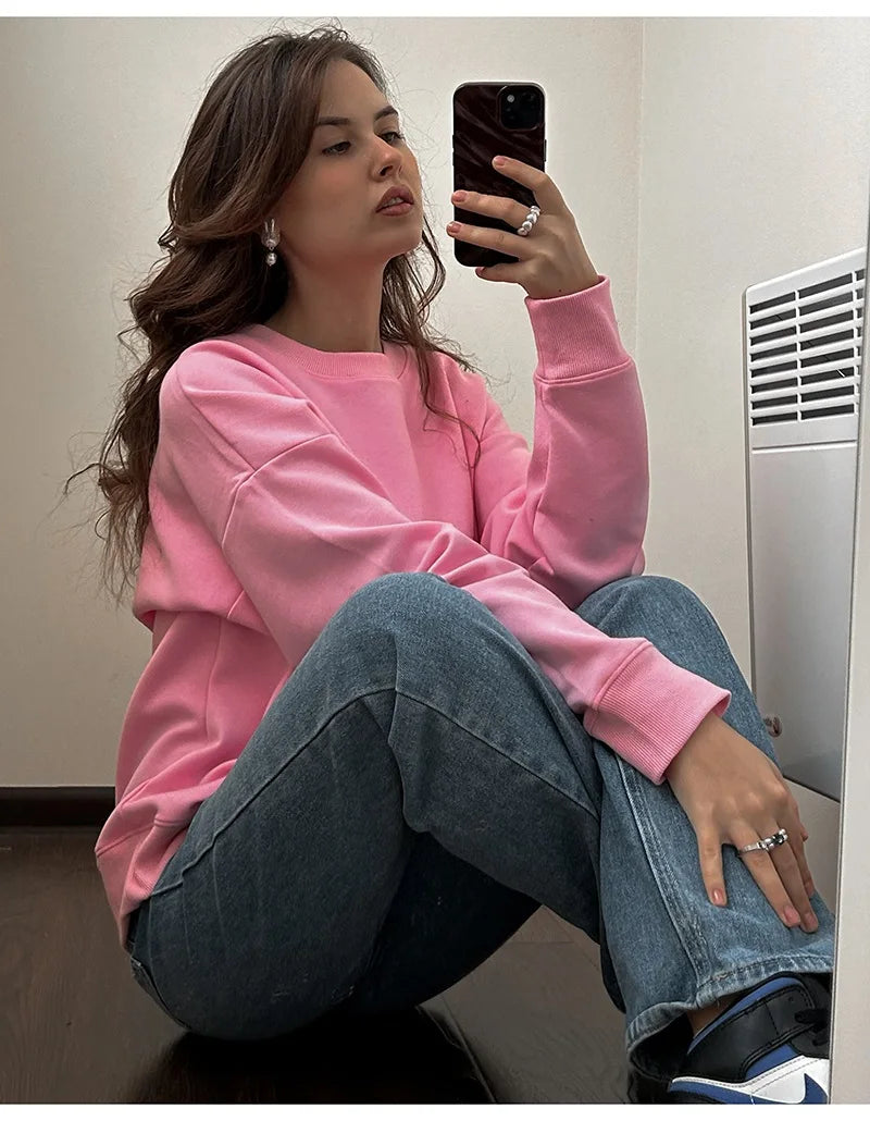 Streamgirl Cotton Basic Sweatshirt Women Oversized Yellow Pullovers Loose Casual Tops Spring Colorful Sweatshirts Women Pink