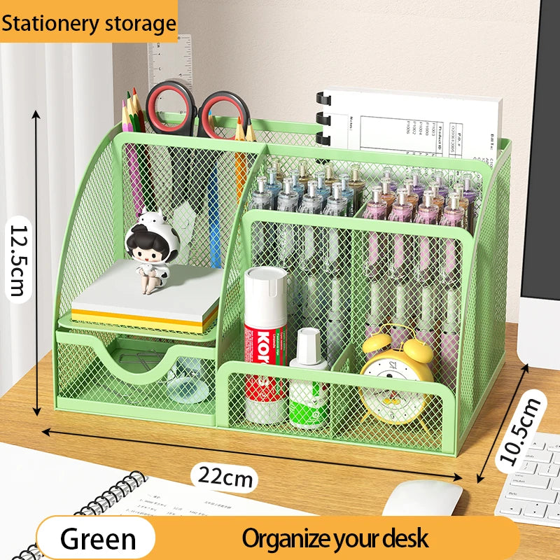 Mesh Desk Organizer Office with 7 Compartments with Drawer Desk Tidy Candy Pen Holder Multifunctional Organizer