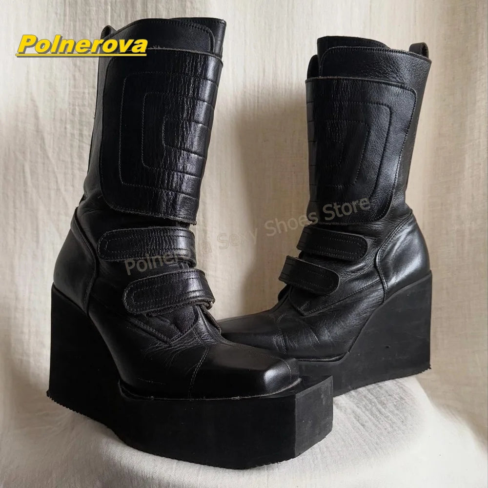 Vintage Y2K Wedge Mid Calf Boots Women Square Toe Hook and Loop