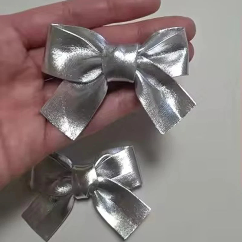 2/4Pcs Y2K Silver Bow Hair Clips PU Barrettes for Girl Kids