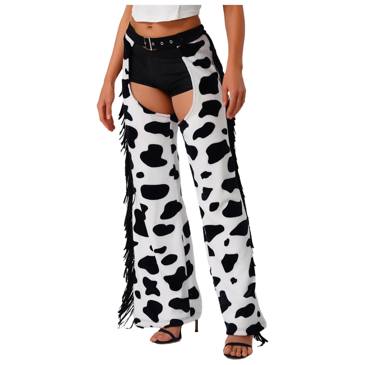 Womens Cow Spot Pattern Flannel Long Pants Adjustable Waist