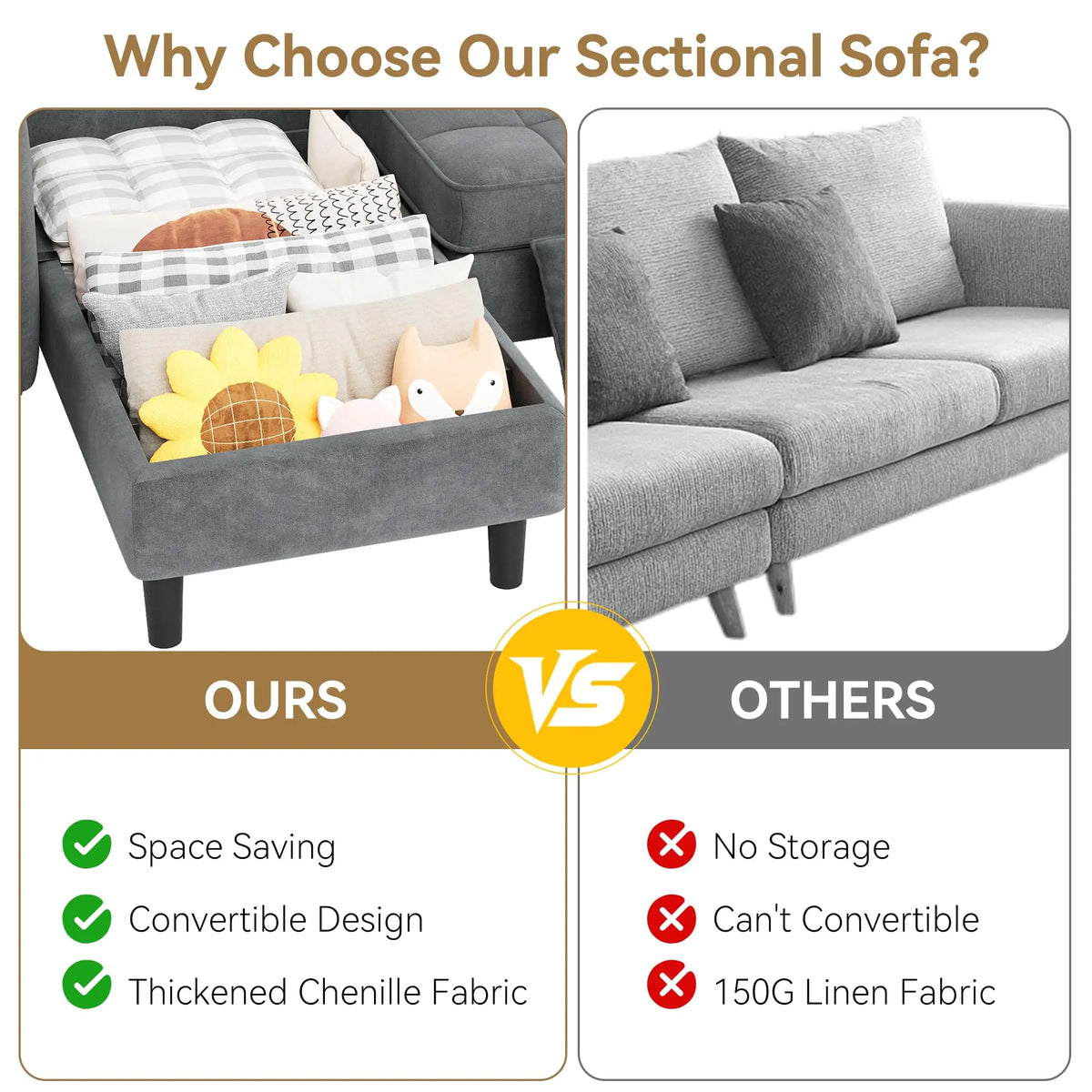 Chenille L-Shaped Sectional Sofa with Storage Ottoman