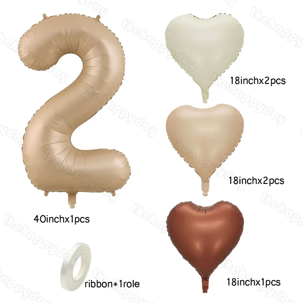 10/5/1Pc Brown Beige Cream 18inch Heart Balloons Cream Number Balloons 1 2 3 4 5 6 Birthday Number Foil Balloon Helium Air Globo