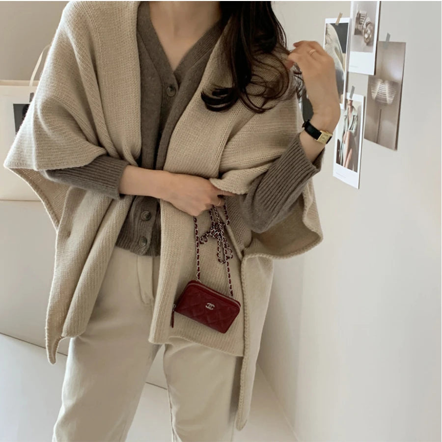 Korean Style Knitted Shawl Jacket Women's Casual Warm Knitted Cardigan Cloak Elegant Solid Color Women's Knitted Cardigan