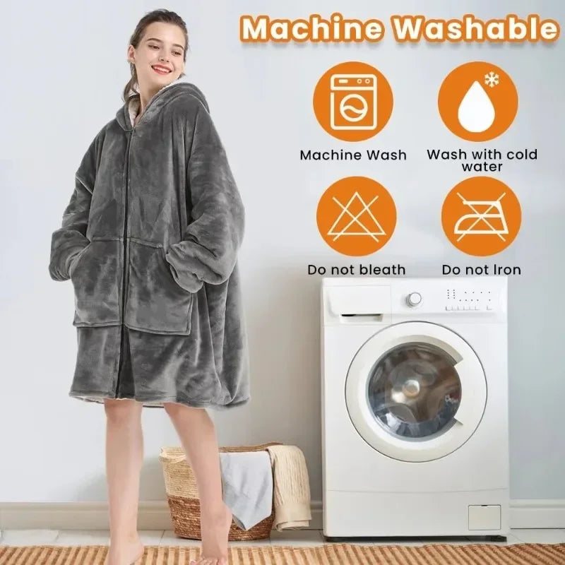 Hoodie Oversized Wearable Blanket Deep Pocket Comfy Sleeves Front Zipper Deluxe Fleece Sweatshirt Blanket Winter Blanket