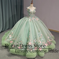 Customized Green Quinceanera Dresse 3D Flowers Sparkling Bead decorations Lace up the back Ball Gowns vestidos de 15 quinceañera