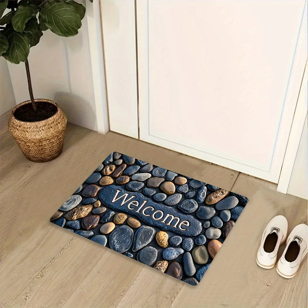 "Welcome on Pebbles" Non-Slip Floor Mat - Indoor and Outdoor Absorbent Foot Mat Suitable for Home Decoration,Durable and Stylish