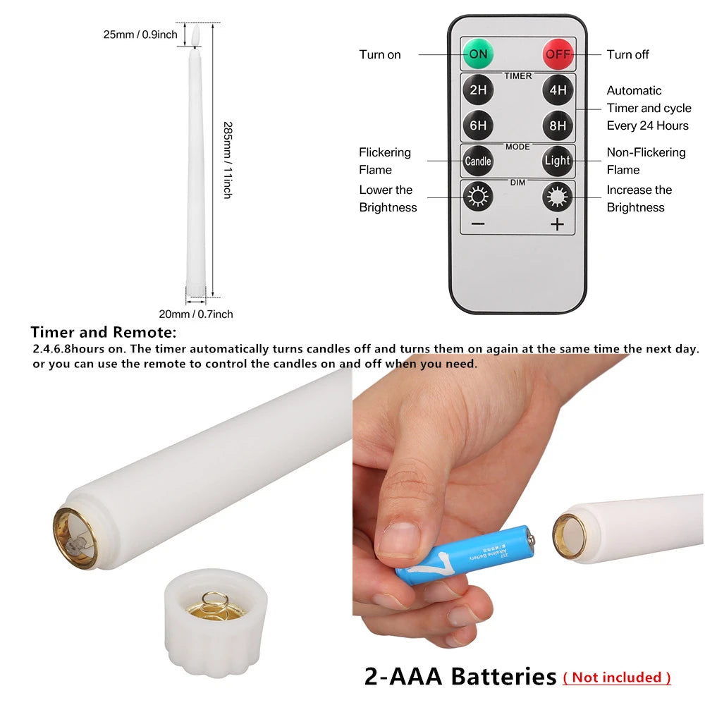 LED Flameless Taper Candles 6.5/11" Battery Operated Fake Flickering Candlesticks Electric Long Candles for Wedding Home Decor