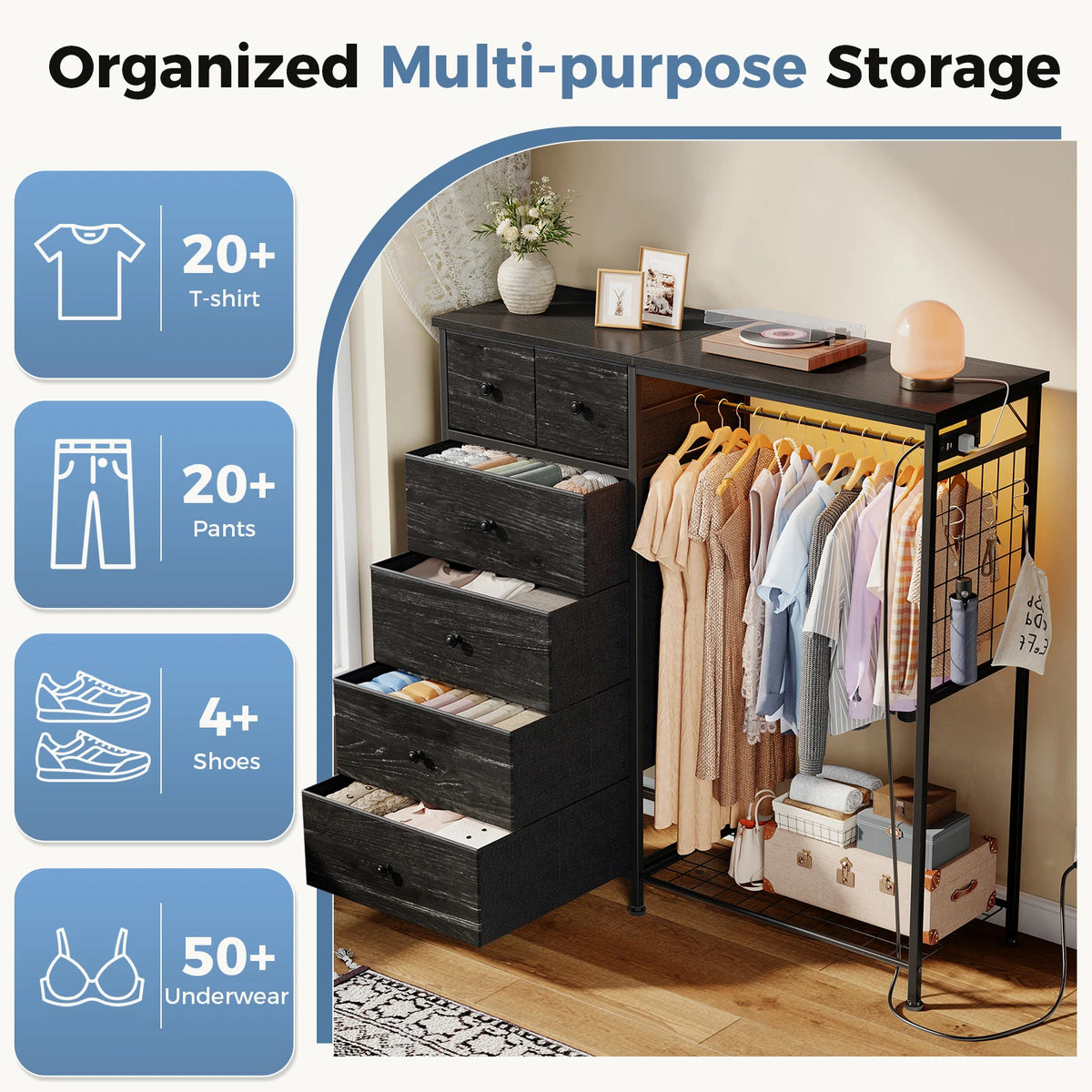 JHK 6 Drawer Fabric Dresser with Hanging Rack for Living Room