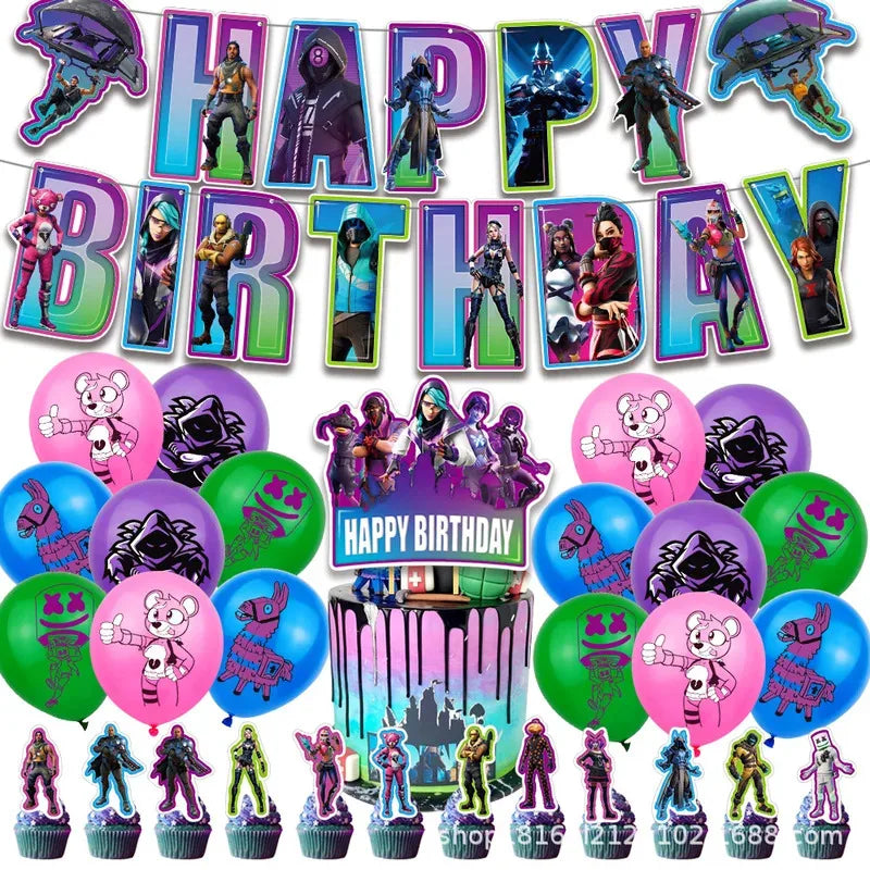 Fortnite Balloons Shooting Game Ballons Boy Girl Happy Birthday Banner Party Decoration Alpaca Llama Tableware Cake Topper Toy