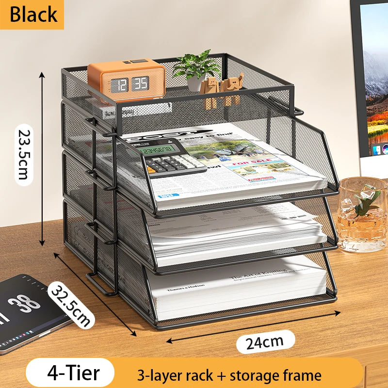 4-Tier Desk Organizer Stackable Tray Office Desk Organizer File and Desktop Holder for Paper Letter Accessories Black