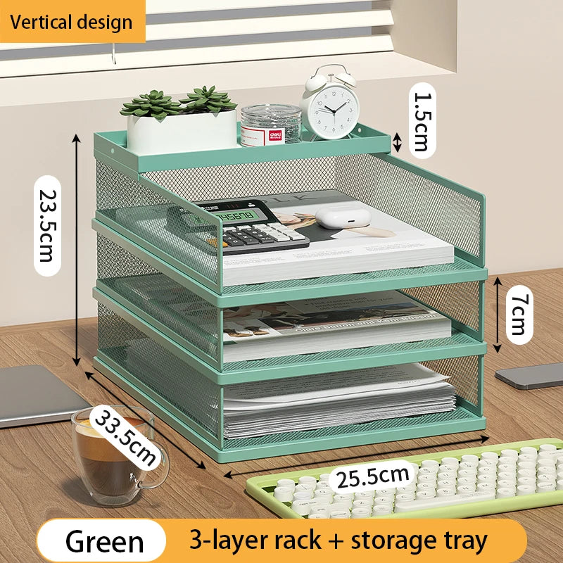 4-Tier Green Stackable Letter Tray Office Desk Organizer File Trays, Desktop Holder for Paper Letter Accessories with Pen Holder