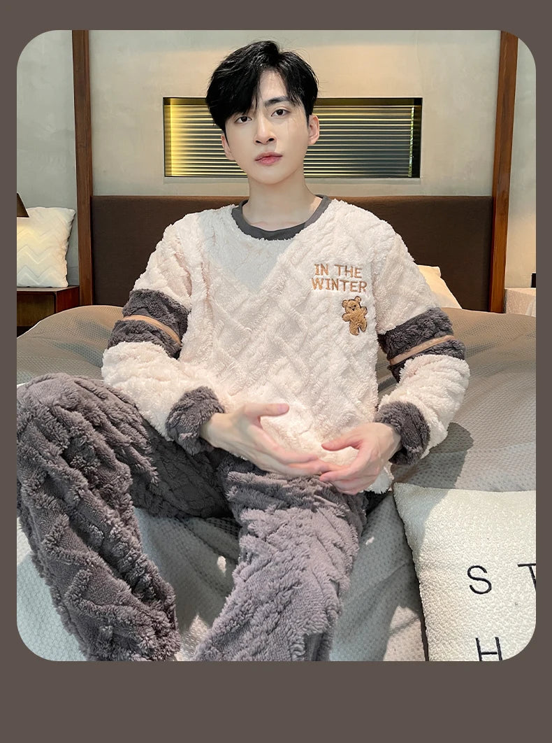 Men's Winter Jacquard Weave Flannel Pajamas Set Coral Fleece Cartoon Sleepwear Homewear Thick Warm Male Suit Fall Sweatshirt 5XL