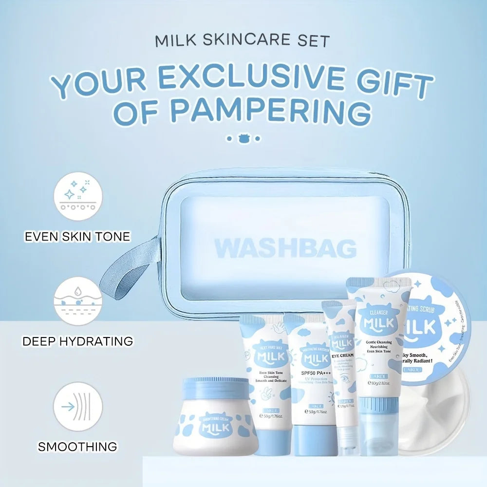 7 Pack Milk Skin Care Kit: Moisturizing Body Cleansing Milk, Body Scrub, Hand Products, Eye Cream and Storage Bag