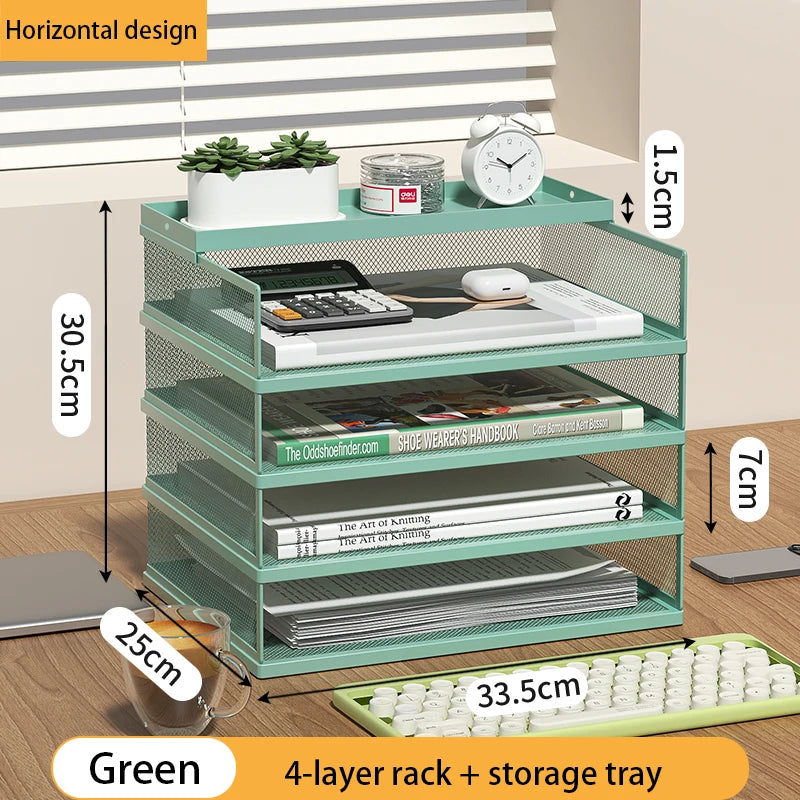 4-Tier Green Stackable Letter Tray Office Desk Organizer File Trays, Desktop Holder for Paper Letter Accessories with Pen Holder