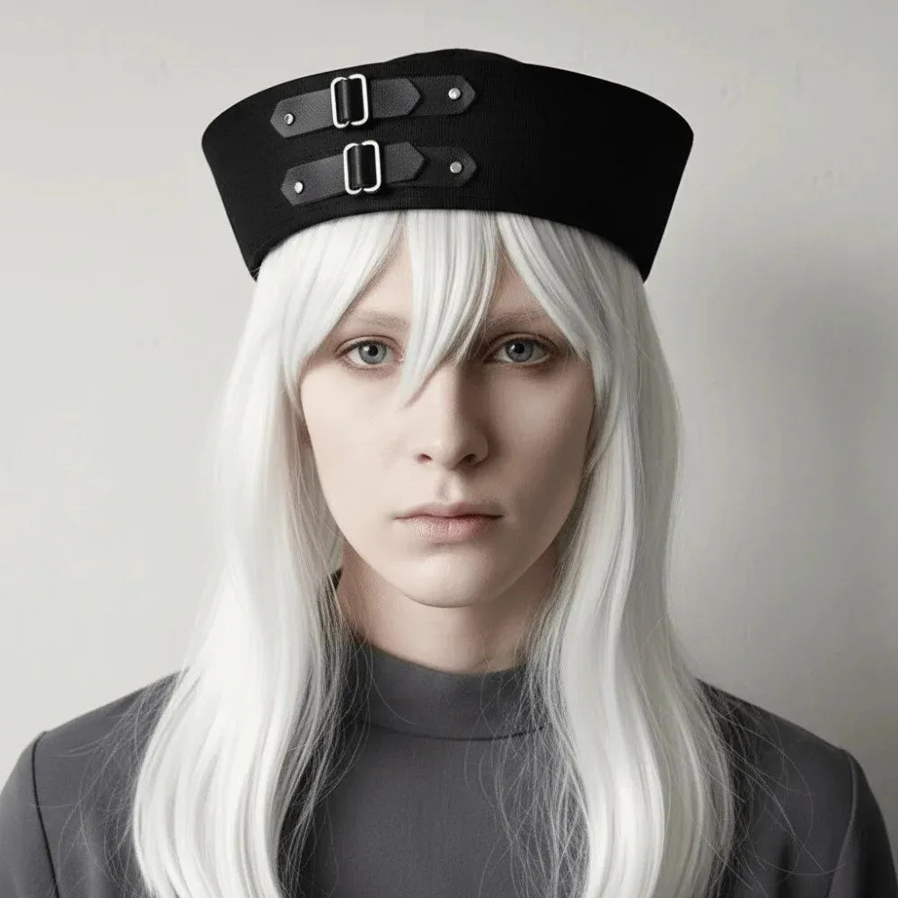 Y2K Black Leather Buckle Sailor Hat PU Versatile Vintage Beret