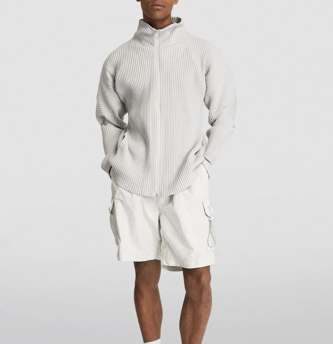Miyake Men's Pleated Jacket Long Sleeve Standing Collar Fold Jacket Coat High Collar Zip Sweatshirt 2025 Spring Summer New Tops