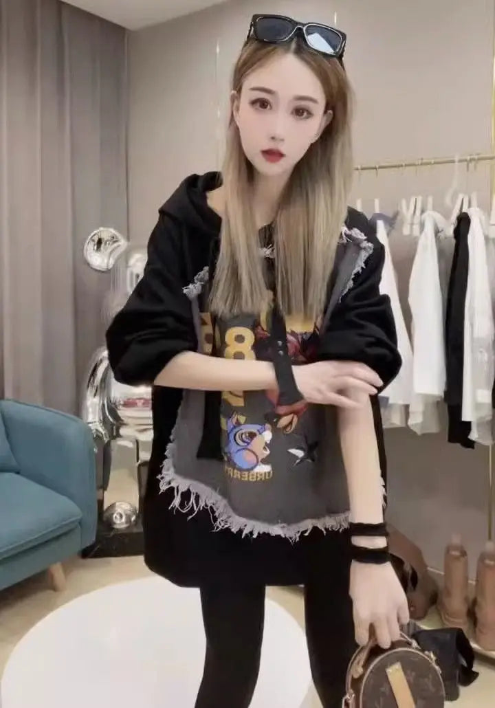 Graphic Hoodies Female Streetwear Sweatshirt Hoodie Pullover Korean Fashion Hooded Autumn Winter Tops Denim Jackets for Women