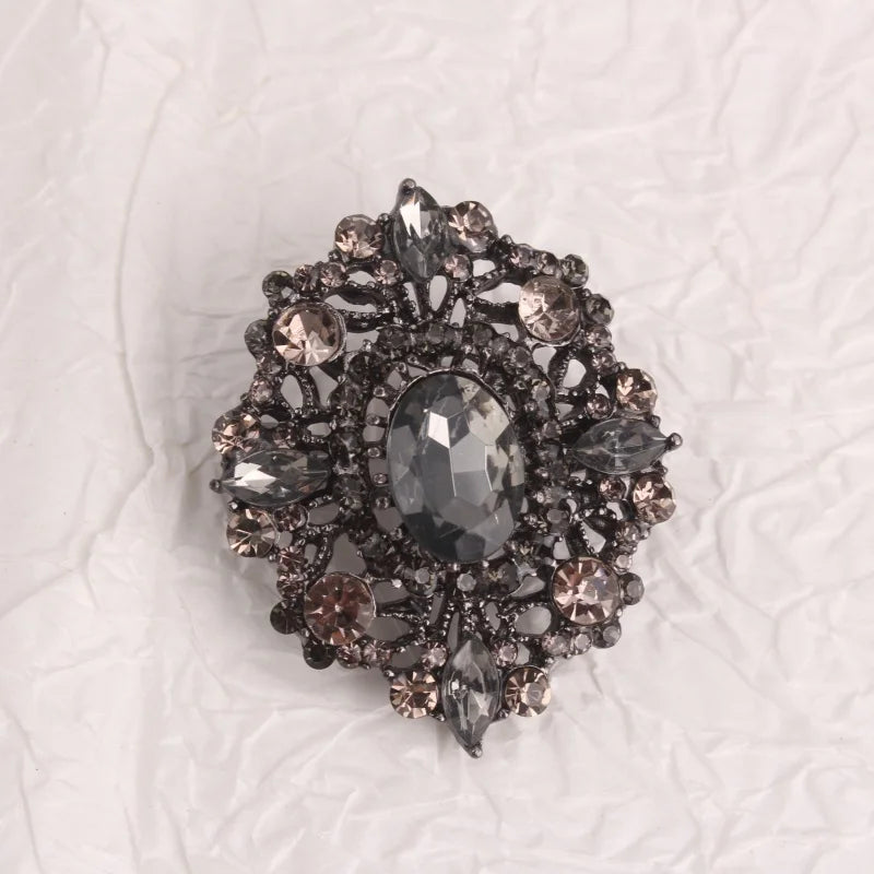 Vintage - Style Brooch, Metal Base with Dark Crystals, Gorgeous Pin with Ornate Hollow Design, Ideal for Coat & Gown Decoration
