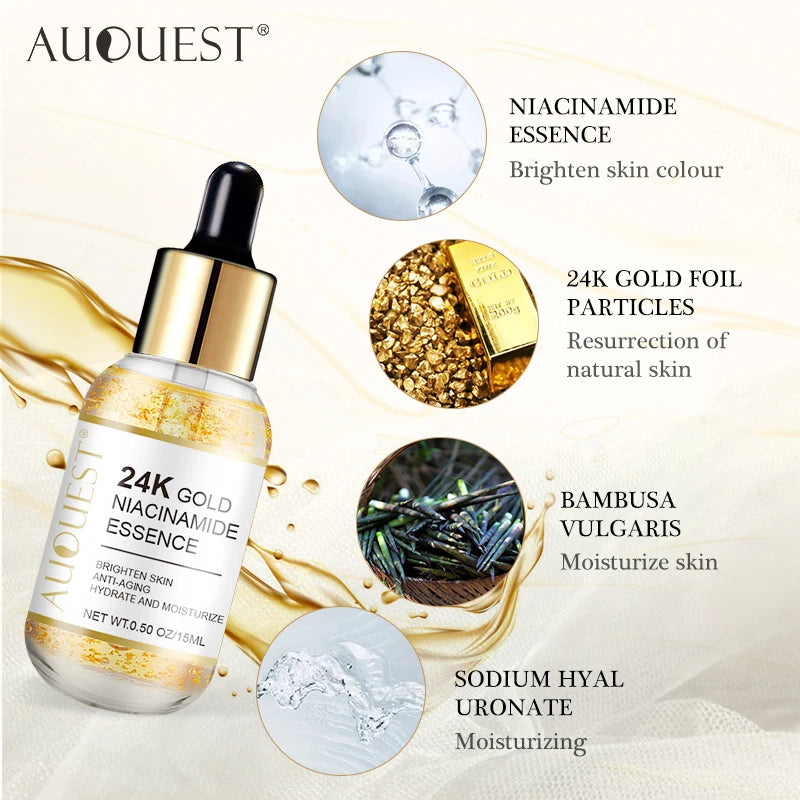 AUQUEST Niacinamide Face Serum Whitening Dark Spot Remover 24K Gold Serum Hyaluronic Acid Anit-Wrinkle Facial Serum Skin Care