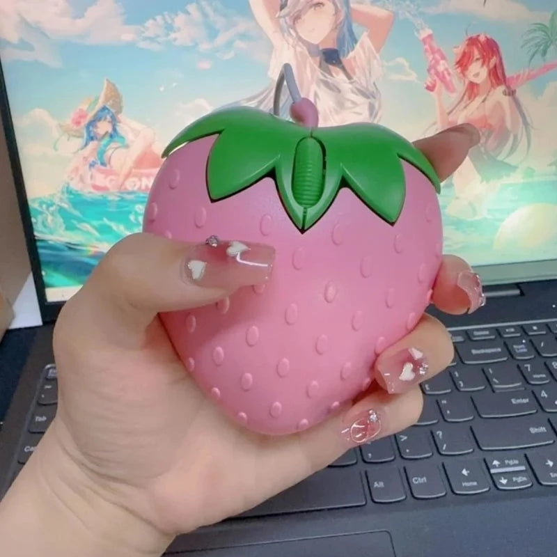 Pink Strawberry Corded Mouse Small Optical PC Computer Game