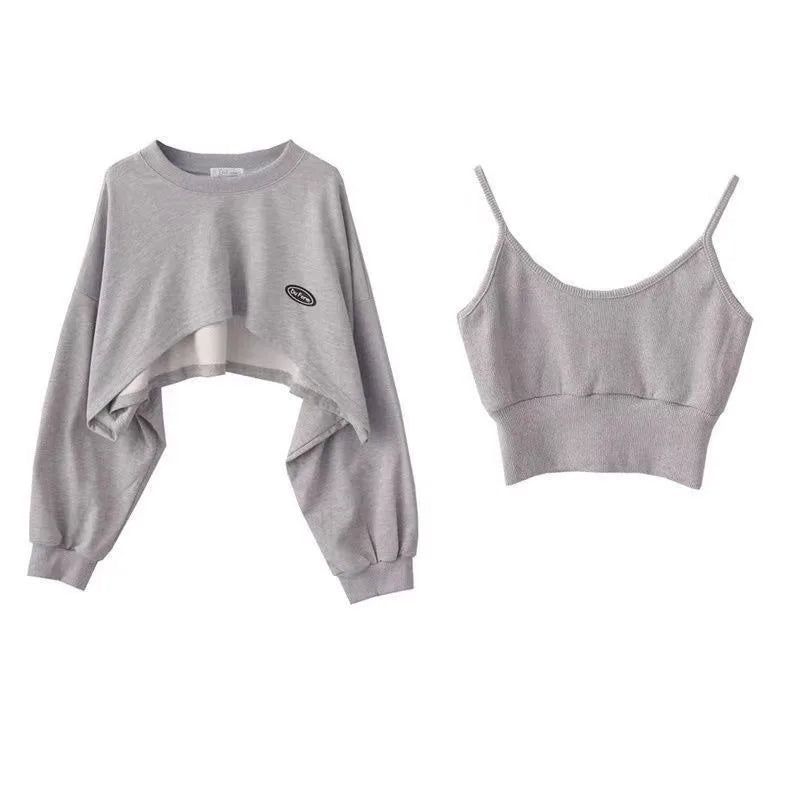 Oversized Crop Sweatshirt and Spaghetti Strap Top Women's Streetwear 2 Piece Set 4 Color Options Sweatshirts Kpop Casual Clothes